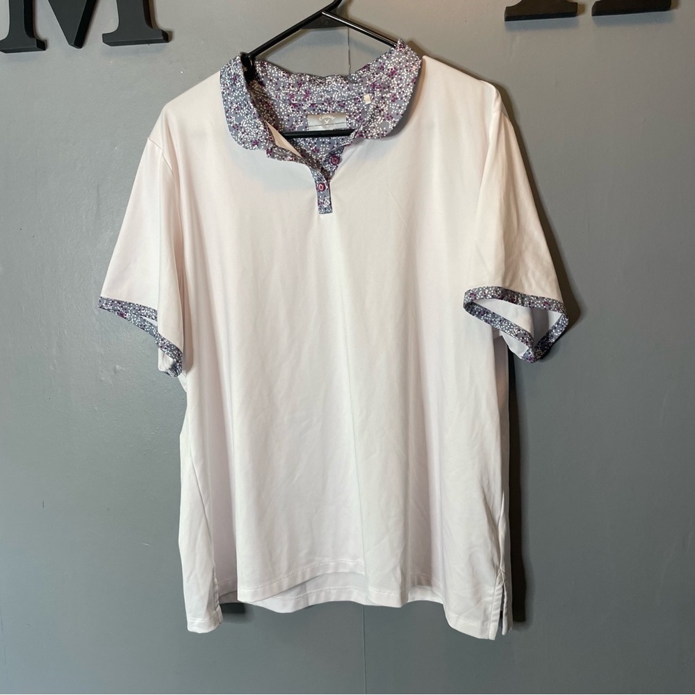 Callaway White Short Sleeve Polo with Purple Floral Trim